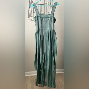 Payal Pratap Anthropologie Pleated Green Stripe Linen Jumpsuit Wide Leg Sz. 2